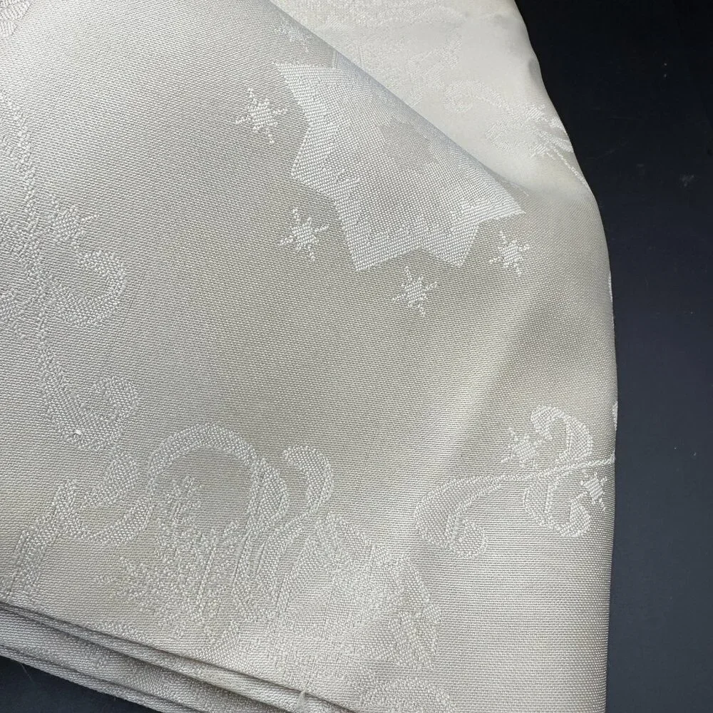 Vintage Cream Satin Damask Tablecloth 70 x 54 Floral Star Pattern